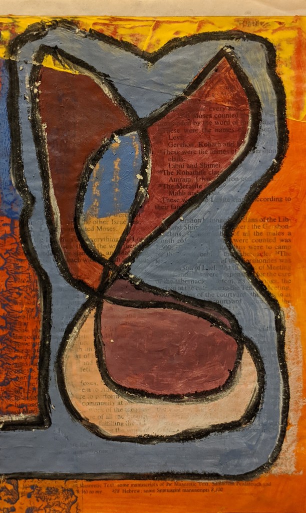 "Wrap it and all its accessories in a covering," Acrylic, charcoal, and oil pastel on bible page, 8.5" x 5", 2019