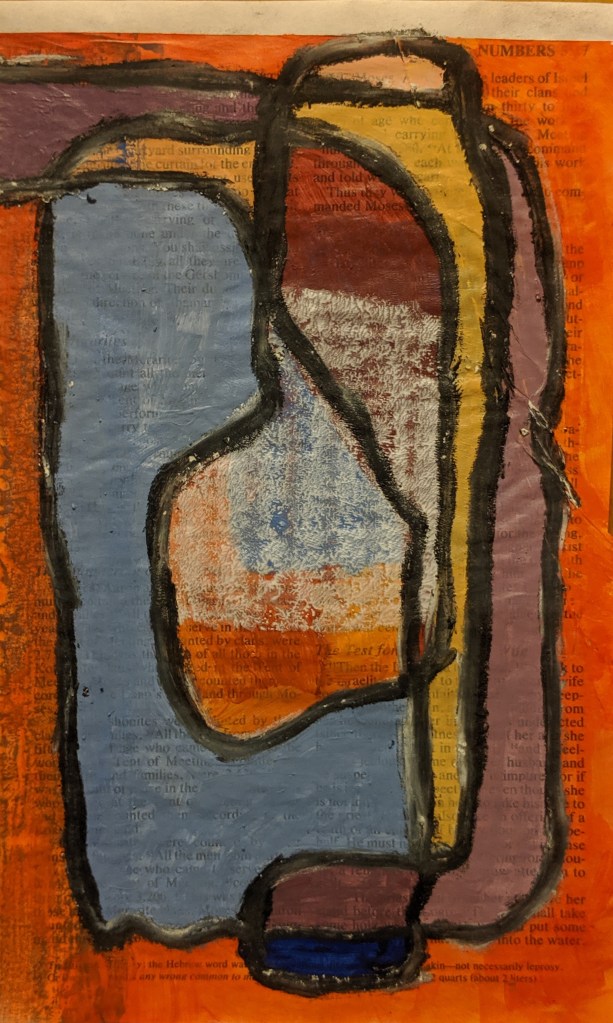 "Have the same regulations for the alien and the native born," Acrylic, charcoal, and oil pastel on bible page, 8.5" x 5", 2019.