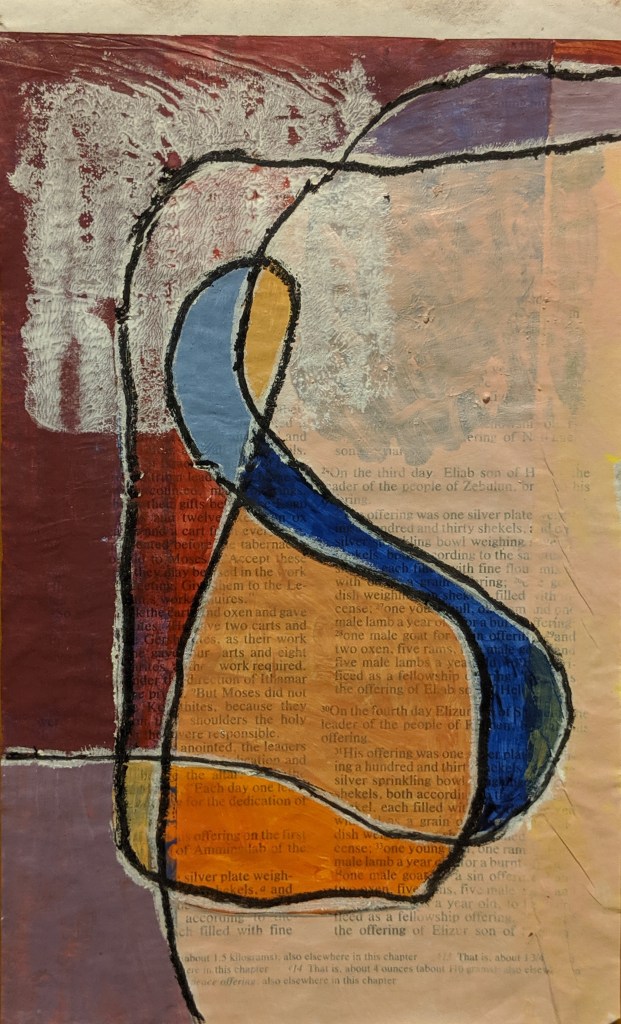 "To be sacrificed as a fellowship offering," Acrylic, charcoal, and oil pastel on bible page, 8.5" x 5", 2019.