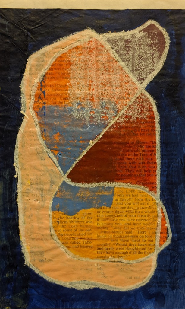 "They spread them out all around the camp" Acrylic, charcoal, and oil pastel on bible page, 8.5" x 5", 2019.