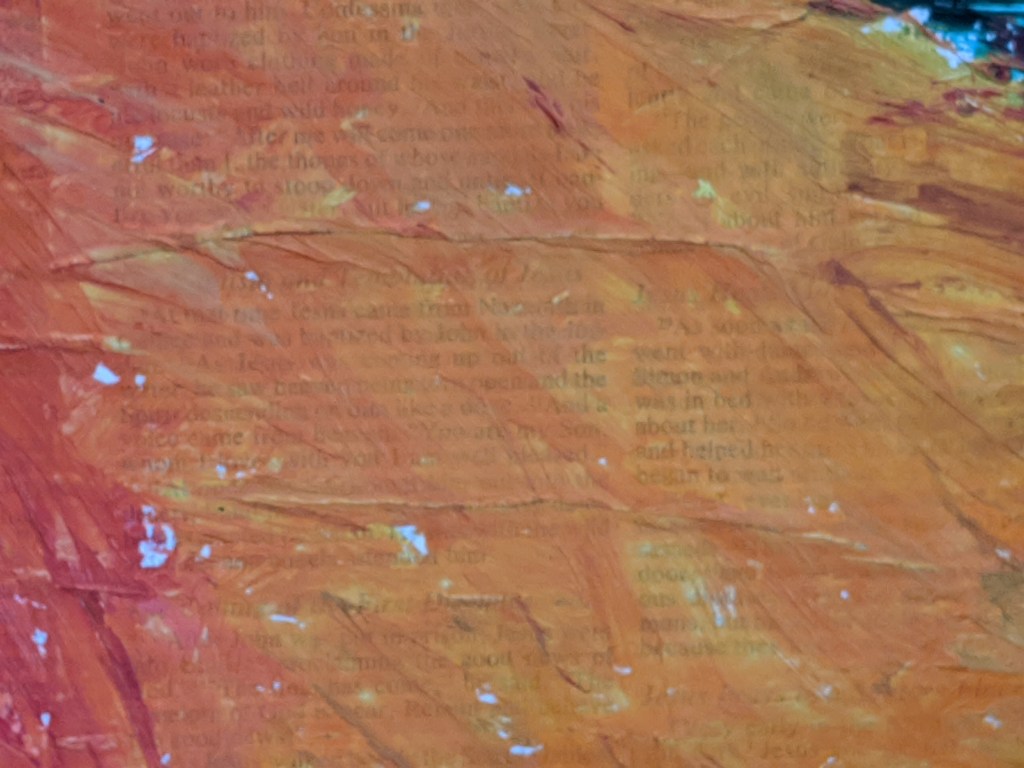 DETAIL: "Do Not Break Your Oaths But Keep the Oaths You Have Made," Frank Korb, acrylic, collage, sand, oil stick, and charcoal on paper, 50" x 63.5", 2020, $2,860.