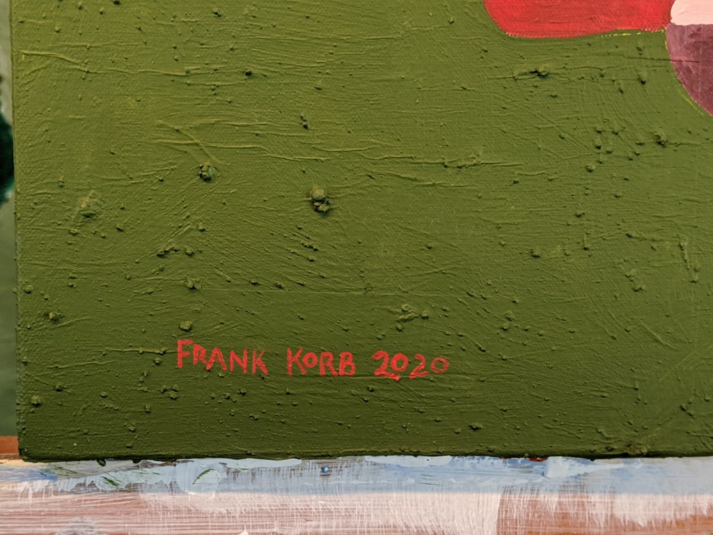 DETAIL: "Here's Something Else to Contemplate," Frank Korb, Acrylic, collage, charcoal, and Roll-A-Tex on canvas, 15 1/8 x 15 1/8, 2020, $300.