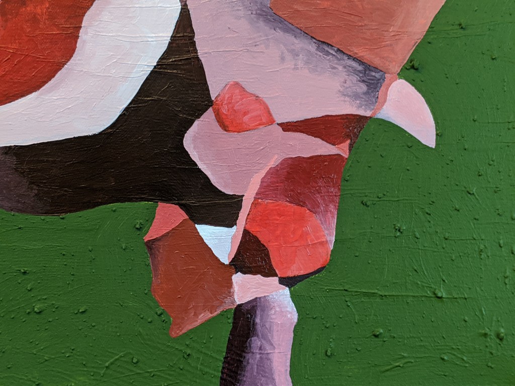 DETAIL: "Here's Something Else to Contemplate," Frank Korb, Acrylic, collage, charcoal, and Roll-A-Tex on canvas, 15 1/8 x 15 1/8, 2020, $300.