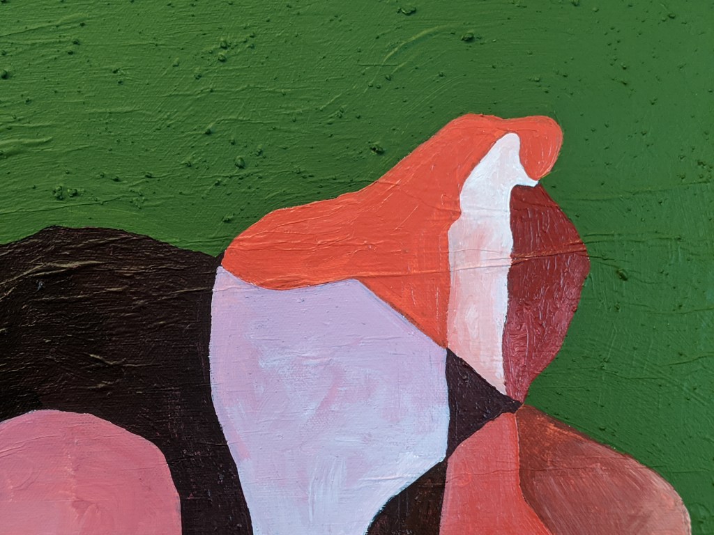 DETAIL: "Here's Something Else to Contemplate," Frank Korb, Acrylic, collage, charcoal, and Roll-A-Tex on canvas, 15 1/8 x 15 1/8, 2020, $300.