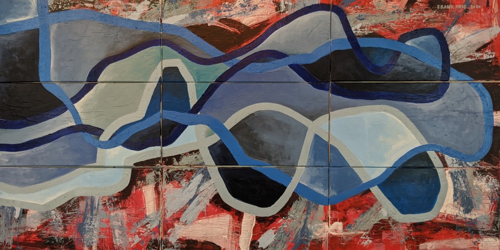 "Forget Outcomes. Instead, Observe Your Own Inclination of Mind." Frank Korb, charcoal, collage, acrylic, sand, Roll-A-Tex on Canvas, 30 3/8" x 60", 2020,.