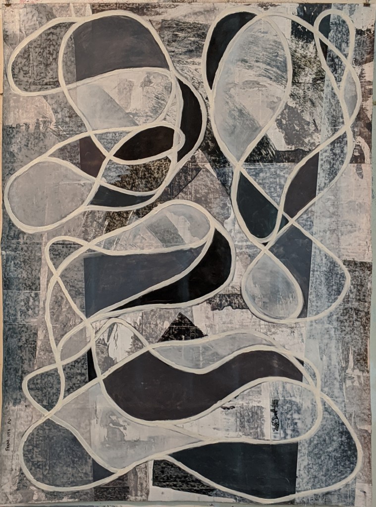 "How To Bring About It's Cessation." Frank Korb, 48" x 36"each, Acrylic, Sand, and Collage on Paper, 2020. $1,730 each ($5000 for the triptych).