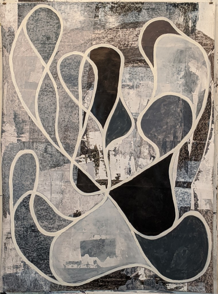 "Clearly, There's a Problem Here," Frank Korb, 48" x 36"each, Acrylic, Sand, and Collage on Paper, 2020. $1,730 each ($5000 for the triptych).