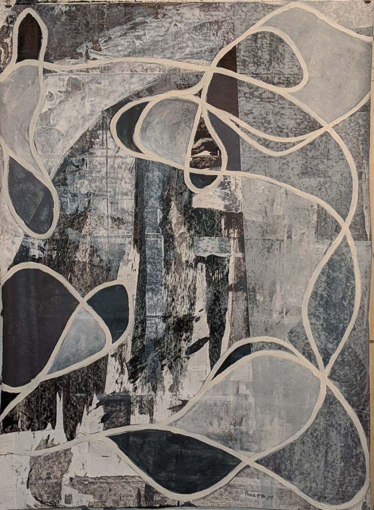 "The Dilemmas and Uncertainties and Ambiguities of Life," Frank Korb, 48" x 36"each, Acrylic, Sand, and Collage on Paper, 2020. $1,730 each ($5000 for the triptych).