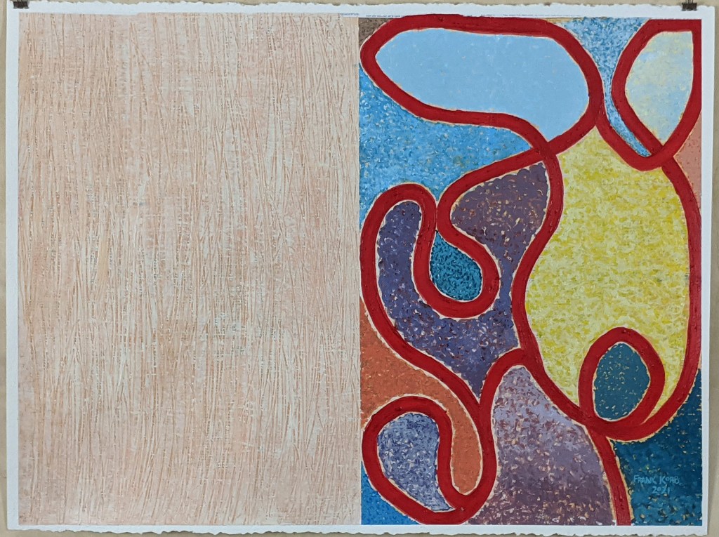 "How This Moment Has Come To Be (Double Page Spread)" Frank Korb, 22 3/4" x 30”, Acrylic, collage, and Roll-A-Tex on Strathmore Paper, 2021.