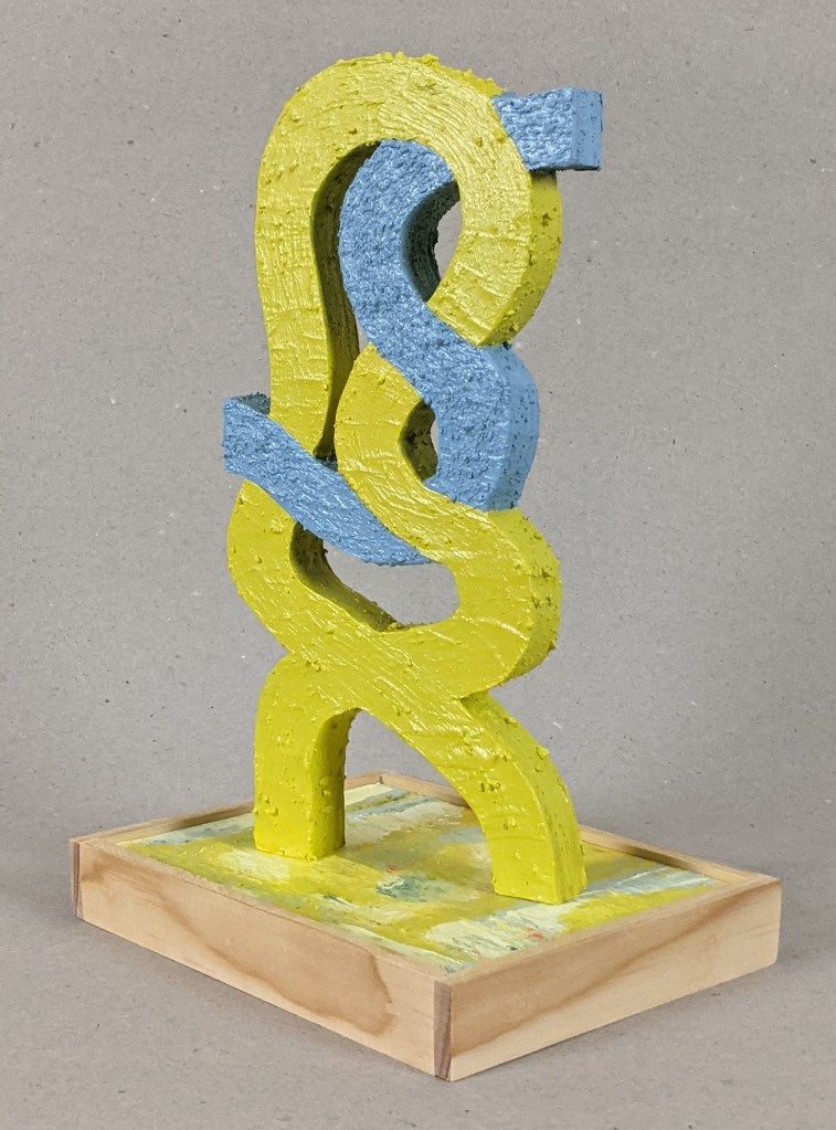 SOLD "One Thing Set Against Another," Frank Korb, 11" x 7.5" x 5.5", Acrylic, Roll-A-Tex, Sand, Bible Pages Collage, Drywall Screws, Plywood, and Pine, 2021.