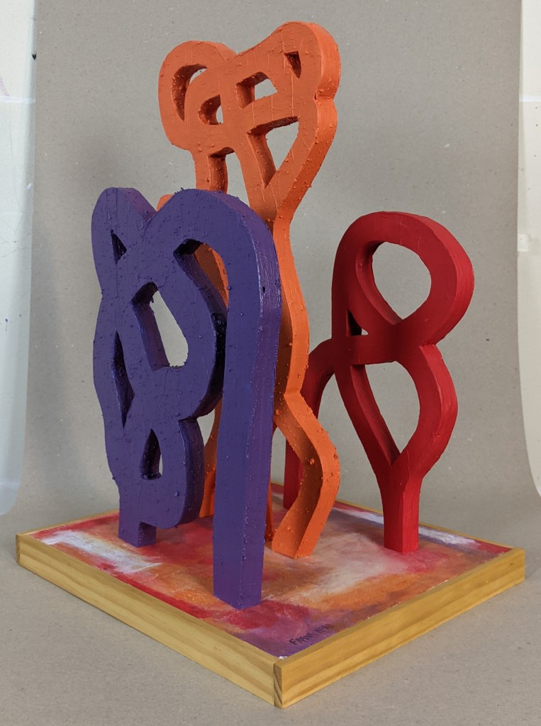 "Our Experience Is Always Of Motion, Of Change", Frank Korb, 18 7/8" x 11 3/4" x 13 3/4", Acrylic, Roll-A-Tex, Sand, Bible Pages Collaged, Plywood, Pine, 2021.