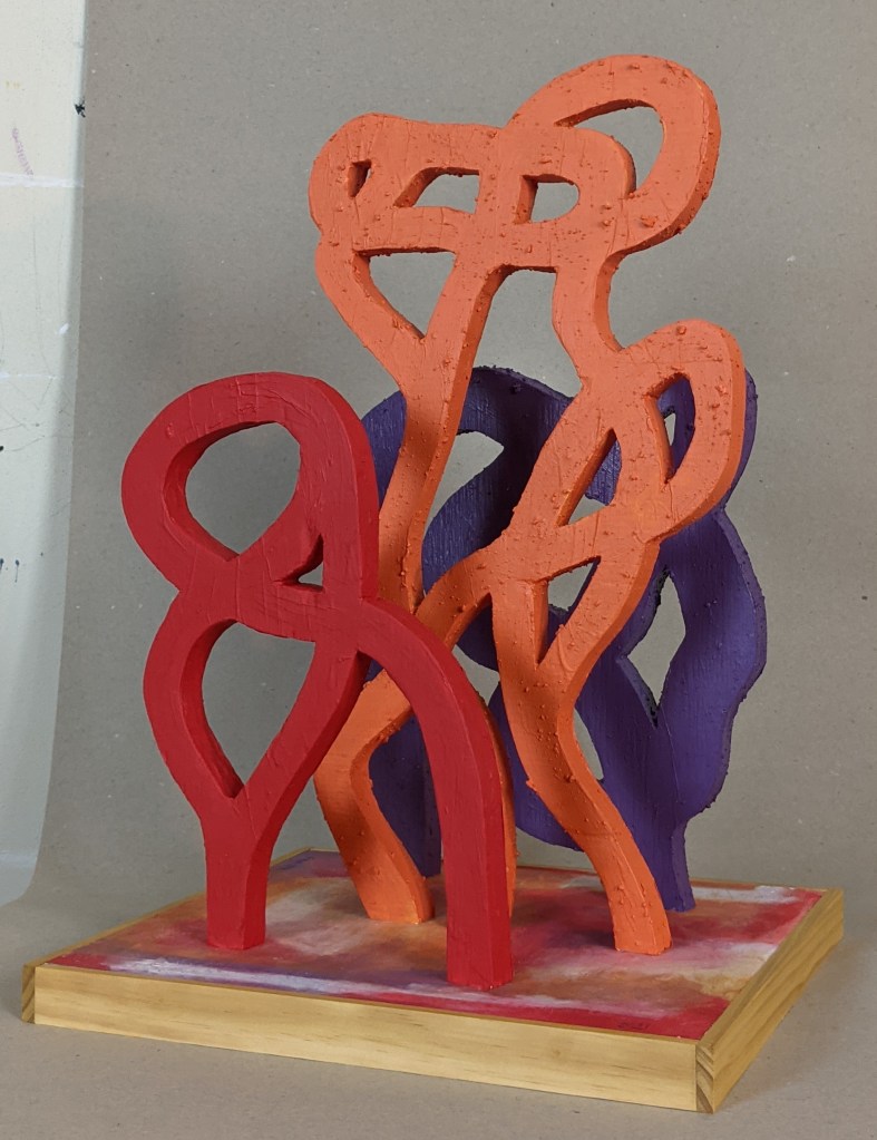 "Our Experience Is Always Of Motion, Of Change", Frank Korb, 18 7/8" x 11 3/4" x 13 3/4", Acrylic, Roll-A-Tex, Sand, Bible Pages Collaged, Plywood, Pine, 2021.