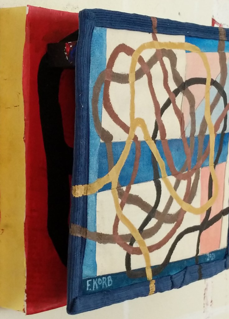 (Detail) "You Are Fully Equipped To Do This Right Now, In This Moment," Frank Korb, Acrylic, Collage (Proposed WI GOP Voter Suppression Bills, Voting Amendments to the US Constitution), Quilted Canvas, Sewn Bible Pages, Gold Leaf on Panel, 10" x 10" x 3 3/4", 2021.