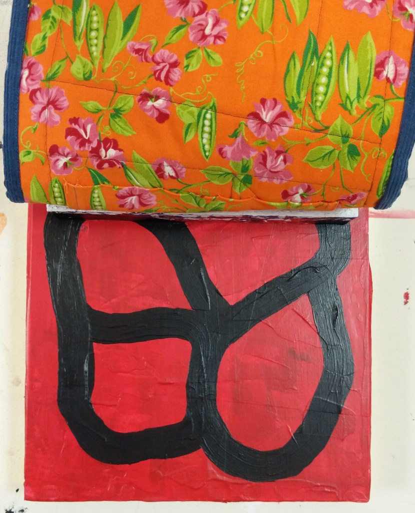 (Detail) "You Are Fully Equipped To Do This Right Now, In This Moment," Frank Korb, Acrylic, Collage (Proposed WI GOP Voter Suppression Bills, Voting Amendments to the US Constitution), Quilted Canvas, Sewn Bible Pages, Gold Leaf on Panel, 10" x 10" x 3 3/4", 2021.