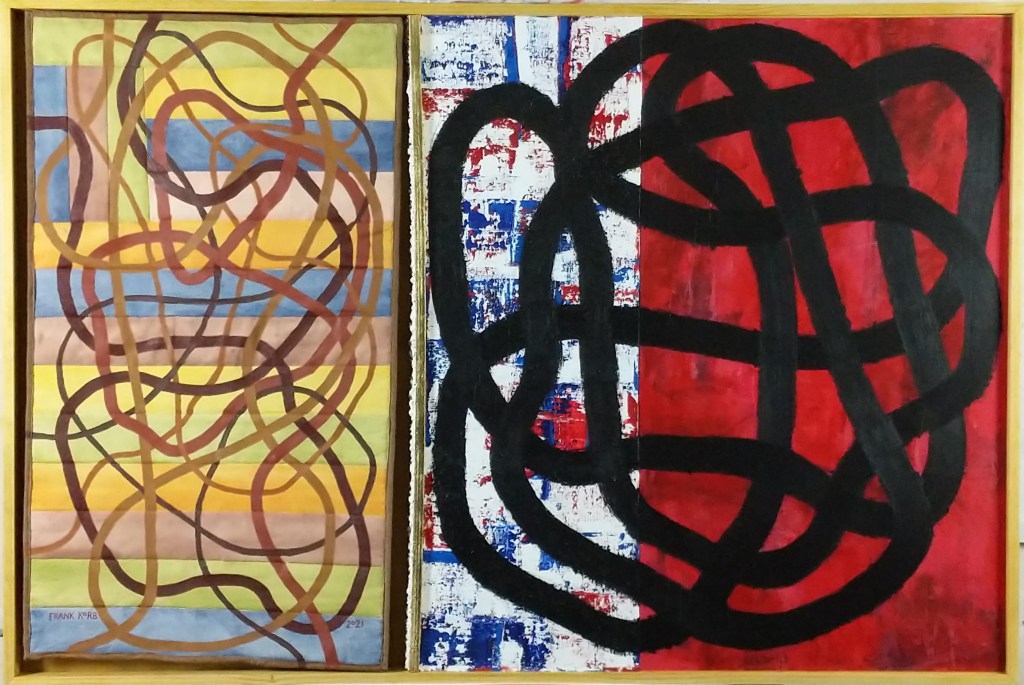 "If We Could Just See This Moment For What It Is." Frank Korb, Acrylic, Sand, Collage of WI GOP Voting Bills, US Constitution, Quilted Bible Pages, Gold Leaf, Stone, Pine, Quilted Canvas, and Corduroy, Masonite, Canvas, 47 1/4" x 70 3/8", 2021.