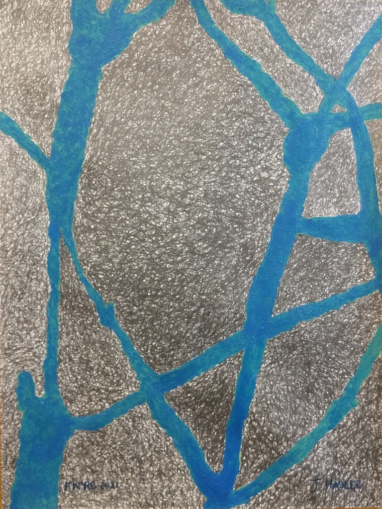 "Work Before Routine," Frank Korb and Tawney Hadler, 24" x 18", Pencil, Acrylic, and Sand on Paper, 2021, Collection of Tawney Hadler.