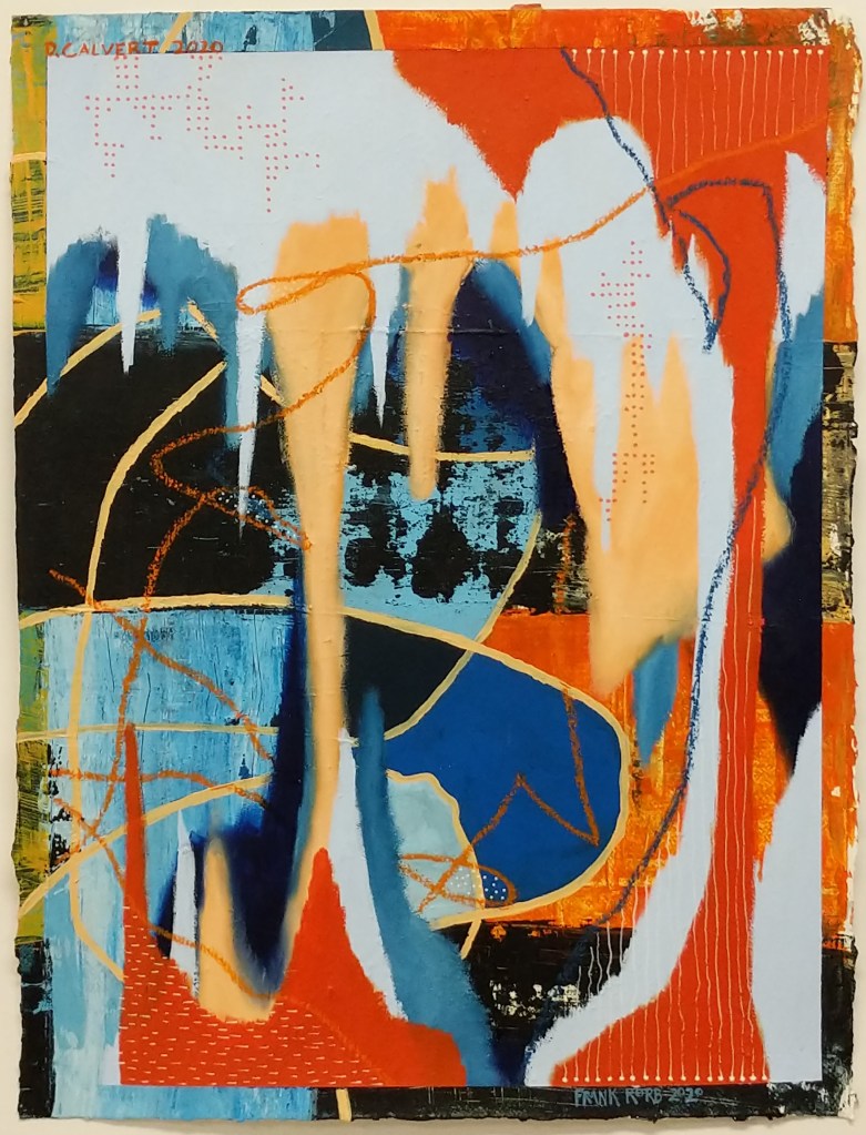 "We Must First Look" Frank Korb and Devon Calvert, 24" x 18", Acrylic, Sand, Roll-A-Tex and Collage on Paper, 2020.