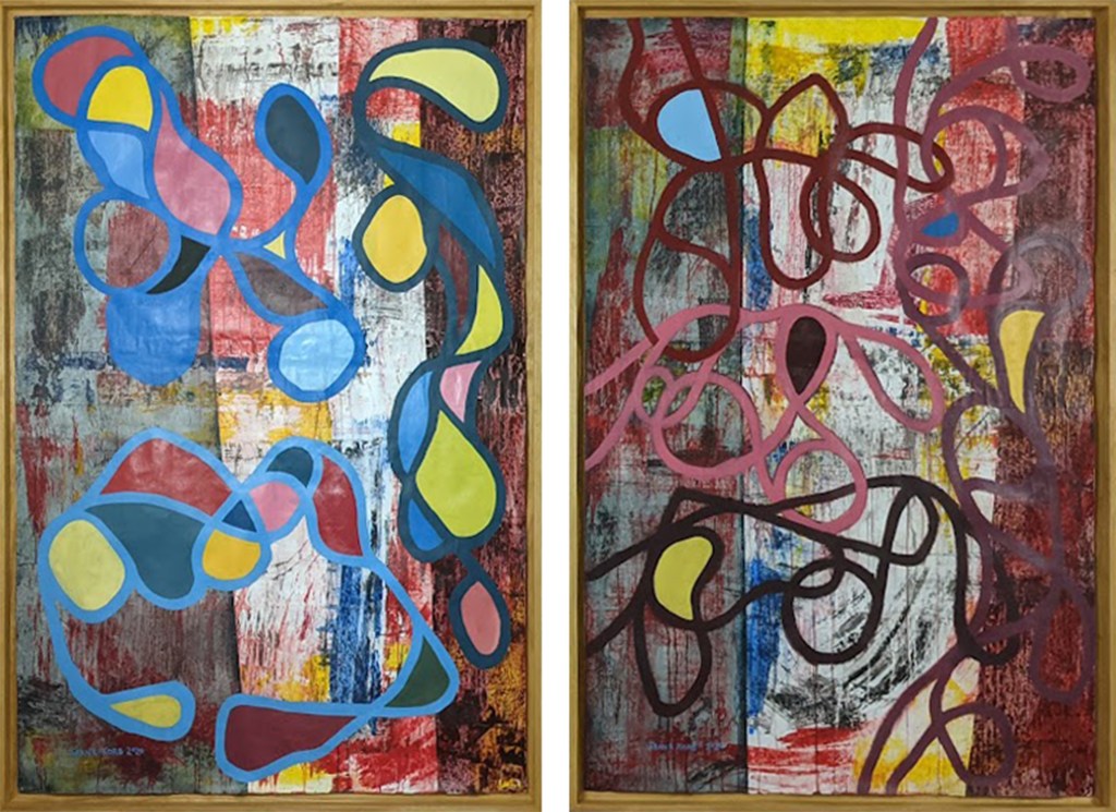 “Within Our Power to Prevent,” and “Haven’t Really Gotten Rid Of It,” Frank Korb, Acrylic and Collage on Paper, Charcoal, Sand, Roll-A-Tex, 72″ x 46″, 2020.