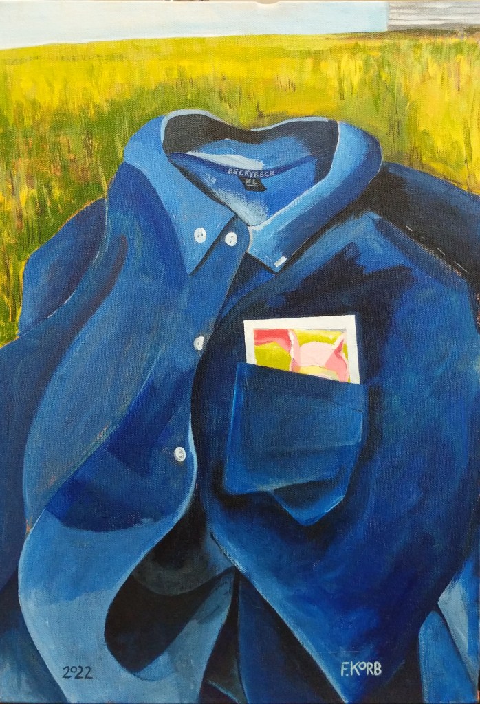 "The Blue Flannel Shirt," Frank Korb, Inspired by "Rebecca" by Nancy Werth, Compilation of Short Stories "Telling Tales: original Stories Inspired by Original Art: Scott Hunt," Acrylic on Canvas, 17 3/8" x 12 1/8", 2022.