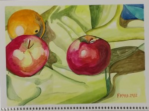 "Apples or Oranges?" Frank Korb, Gouache on Paper, 9" x 12", 2022.
