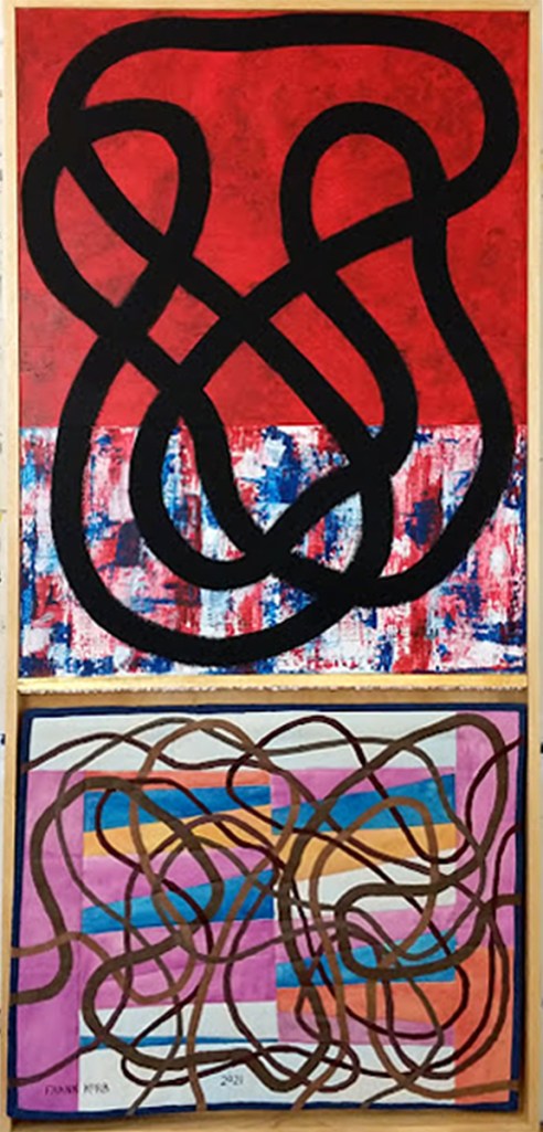 "You Observe What Actually Takes Place From Moment To Moment," Frank Korb, Acrylic, Sand, Map Pieces of Wisconsin, US Constitution, Quilted Bible Pages, Gold Leaf, Stone, Pine, Quilted Canvas, and Corduroy, Masonite, Canvas, 76.75" x 35", 2021 - 2022.