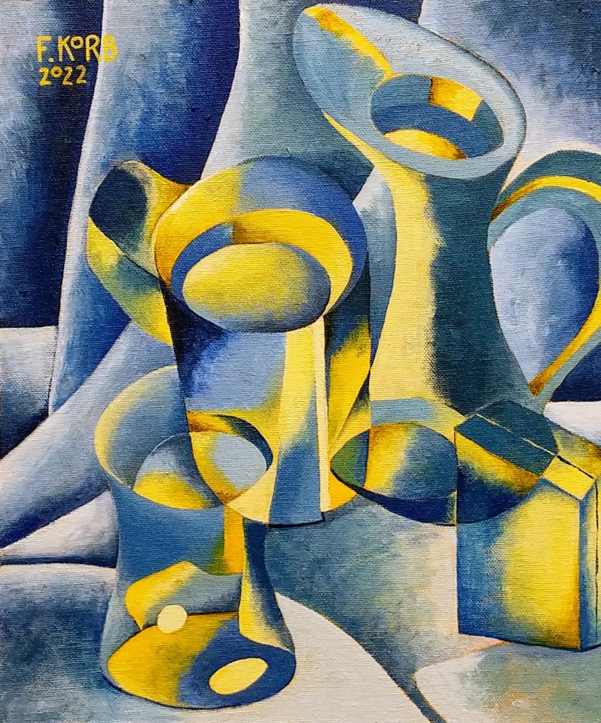 "Still Life for Ukraine, 2022" Frank Korb, Acrylic on Canvas mounted to Masonite, 12" x 10", 2022.