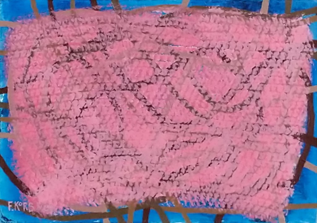 Refraining From Introducing New Barriers (Blue 1), Frank Korb Acrylic, Roll-A-Tex, Collage: HR 3755: Women’s Health Protection Act of 2021, Pink Hat Print (hat knit by Abby Korb), on Canvas, 10 1/2” x 15 1/8”, 2022.