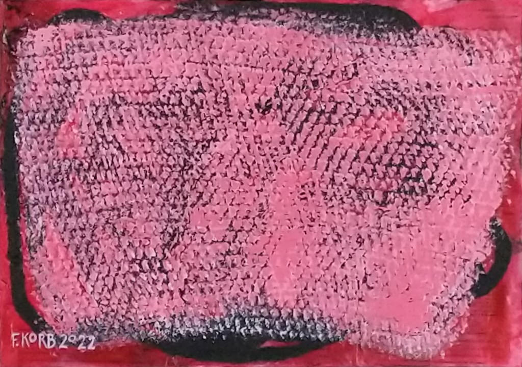 Institute, Manage, Control, and Direct. (Red 2), Frank Korb, Acrylic, Roll-A-Tex, Collage: Wisconsin Senate Bill 16, 2021, Pink Hat Print (hat knit by Abby Korb), on Canvas, 10 1/2” x 15 1/8”, 2022.