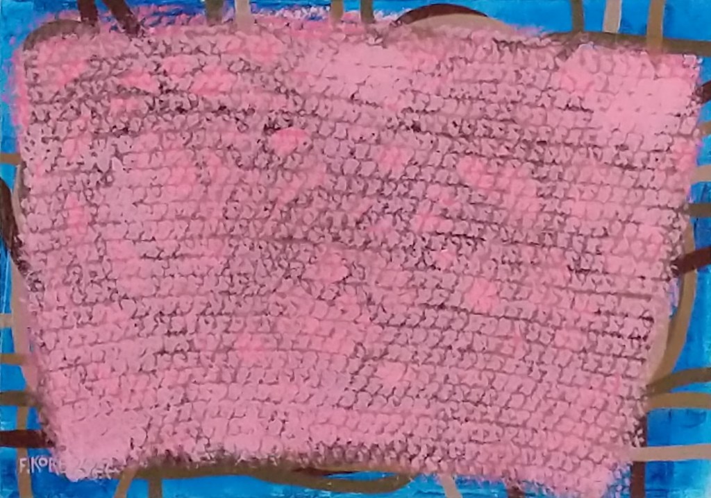 Insight As That History Affords Us (Blue 3) Frank Korb Acrylic, Roll-A-Tex, Collage: Roe - v - Wade Supreme Court Opinion, 1973, Pink Hat Print (hat knit by Abby Korb), on Canvas, 10 1/2” x 15 1/8”, 2022.