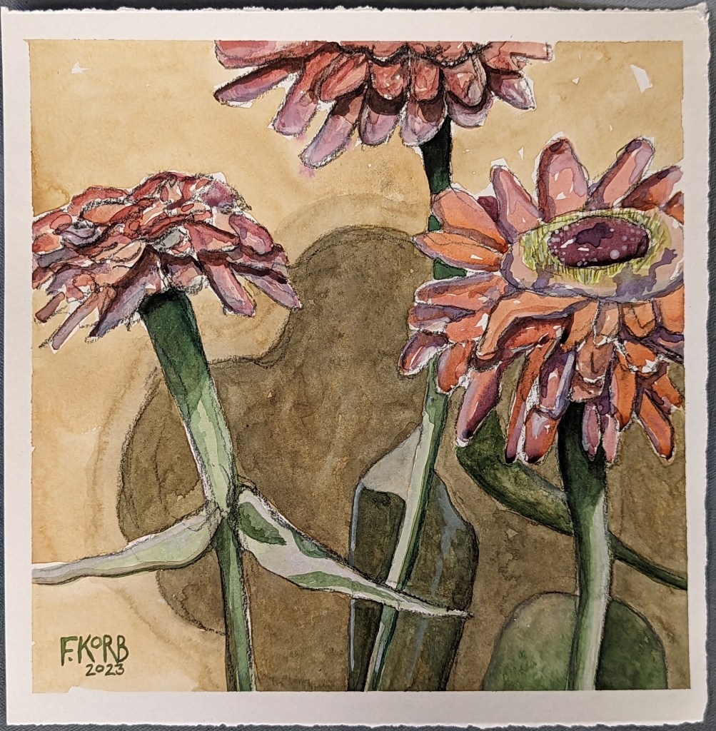 "Trio of Zinnias," Frank Korb, Watercolor on Paper, 9" x 9", 2023.